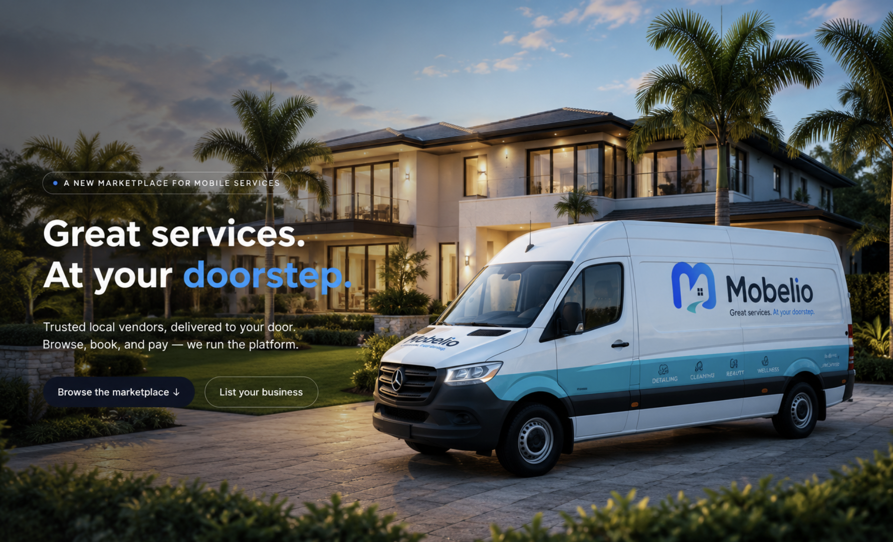 Mobelio — Great services. At your doorstep. A Mobelio service van pulling up to a luxury home.